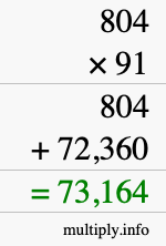 How to calculate 804 times 91 using long multiplication