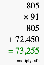 How to calculate 805 times 91 using long multiplication