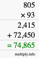 How to calculate 805 times 93 using long multiplication