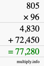 How to calculate 805 times 96 using long multiplication