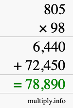 How to calculate 805 times 98 using long multiplication
