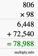How to calculate 806 times 98 using long multiplication
