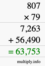 How to calculate 807 times 79 using long multiplication