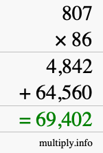 How to calculate 807 times 86 using long multiplication