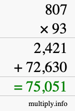 How to calculate 807 times 93 using long multiplication