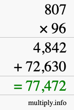 How to calculate 807 times 96 using long multiplication