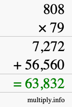 How to calculate 808 times 79 using long multiplication