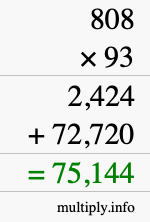 How to calculate 808 times 93 using long multiplication