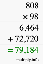 How to calculate 808 times 98 using long multiplication