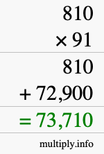 How to calculate 810 times 91 using long multiplication