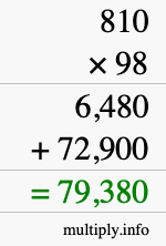How to calculate 810 times 98 using long multiplication