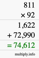How to calculate 811 times 92 using long multiplication