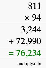 How to calculate 811 times 94 using long multiplication