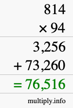 How to calculate 814 times 94 using long multiplication