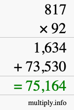 How to calculate 817 times 92 using long multiplication