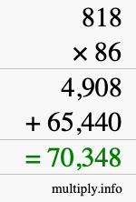 How to calculate 818 times 86 using long multiplication