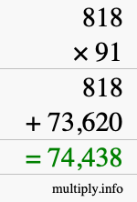 How to calculate 818 times 91 using long multiplication