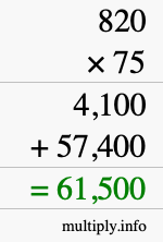 How to calculate 820 times 75 using long multiplication