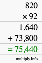 How to calculate 820 times 92 using long multiplication