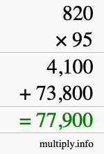 How to calculate 820 times 95 using long multiplication