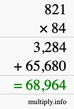 How to calculate 821 times 84 using long multiplication
