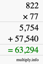 How to calculate 822 times 77 using long multiplication