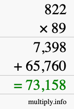 How to calculate 822 times 89 using long multiplication