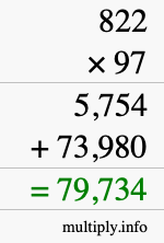 How to calculate 822 times 97 using long multiplication