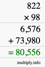 How to calculate 822 times 98 using long multiplication