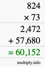 How to calculate 824 times 73 using long multiplication