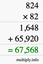How to calculate 824 times 82 using long multiplication