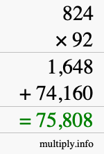 How to calculate 824 times 92 using long multiplication