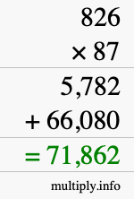 How to calculate 826 times 87 using long multiplication