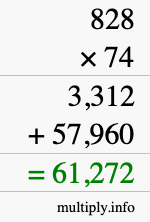 How to calculate 828 times 74 using long multiplication