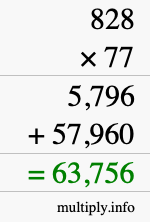 How to calculate 828 times 77 using long multiplication