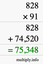 How to calculate 828 times 91 using long multiplication