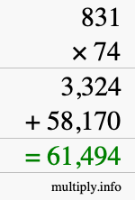 How to calculate 831 times 74 using long multiplication
