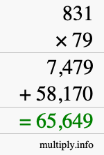 How to calculate 831 times 79 using long multiplication