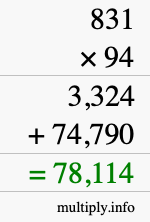 How to calculate 831 times 94 using long multiplication