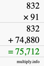 How to calculate 832 times 91 using long multiplication