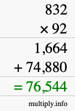 How to calculate 832 times 92 using long multiplication