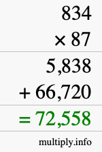 How to calculate 834 times 87 using long multiplication