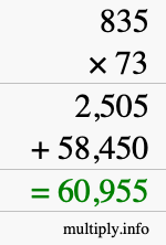 How to calculate 835 times 73 using long multiplication