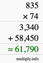 How to calculate 835 times 74 using long multiplication