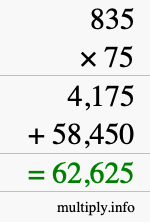 How to calculate 835 times 75 using long multiplication