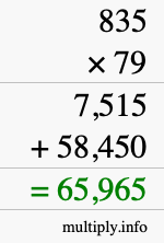 How to calculate 835 times 79 using long multiplication