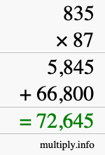 How to calculate 835 times 87 using long multiplication