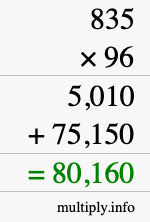 How to calculate 835 times 96 using long multiplication