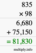 How to calculate 835 times 98 using long multiplication