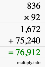 How to calculate 836 times 92 using long multiplication